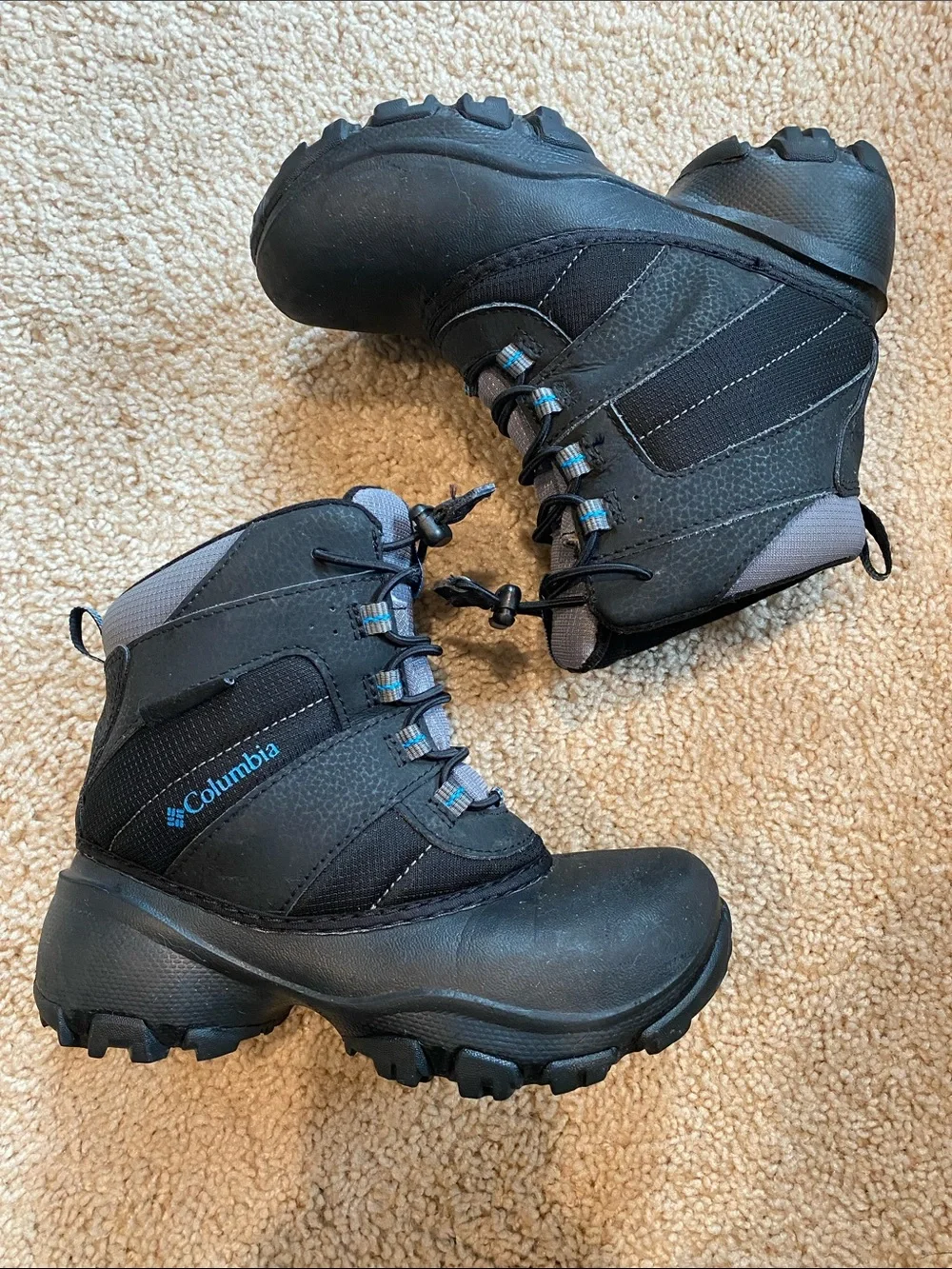 Columbia Kids Black and Gray Waterproof Snow Boots with Blue Accents